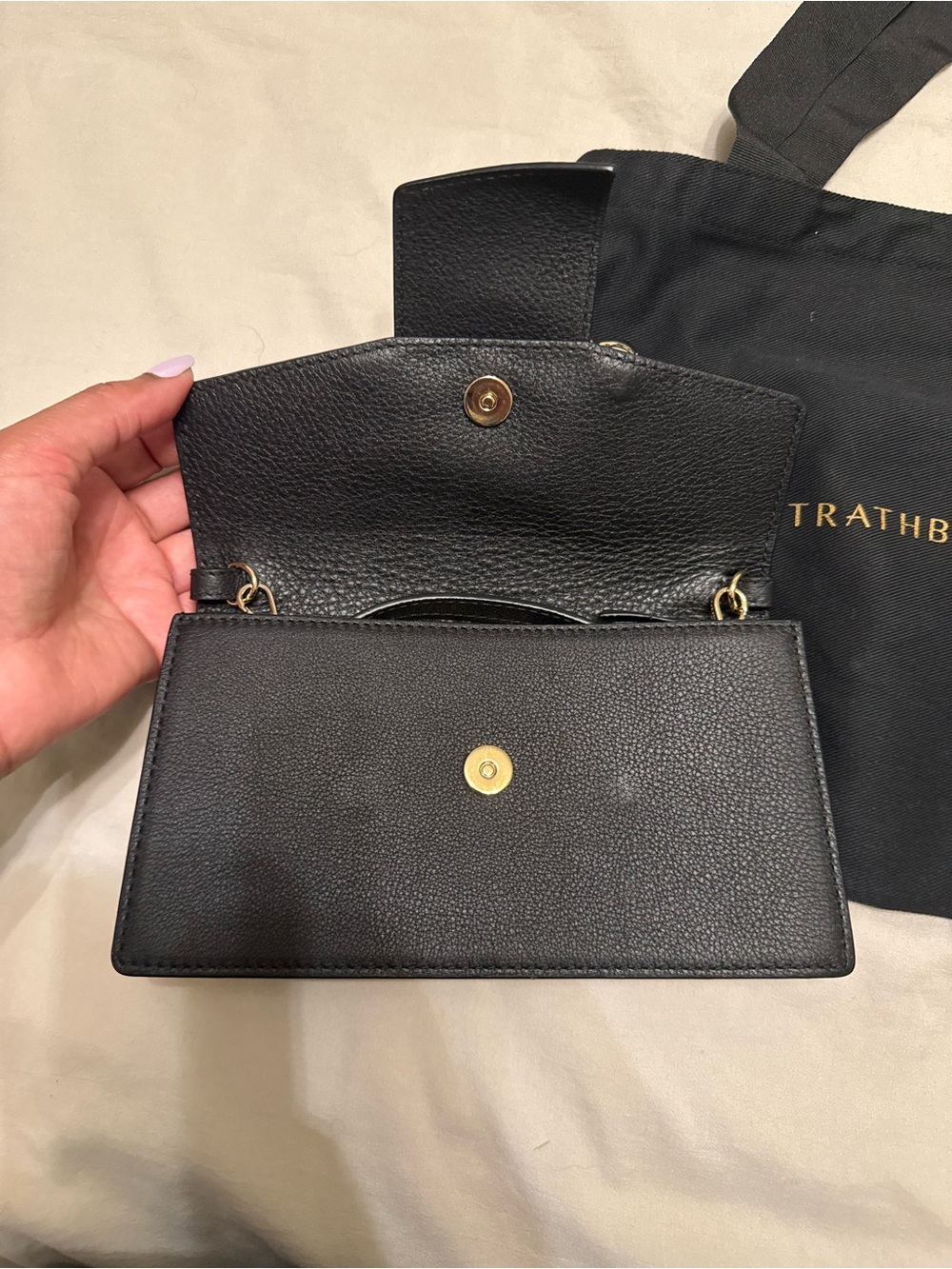 Strathberry Black Leather Wallet on Chain with Gold Arc Hardware - Picture 5 of 13